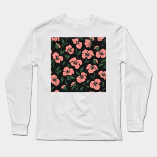 Coral Pink Pansies on Black Long Sleeve T-Shirt